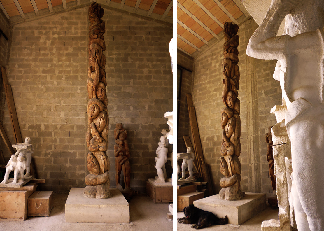 Il grande Totem in legno di Tasmania nello studio-laboratorio di David Booker in Umbria